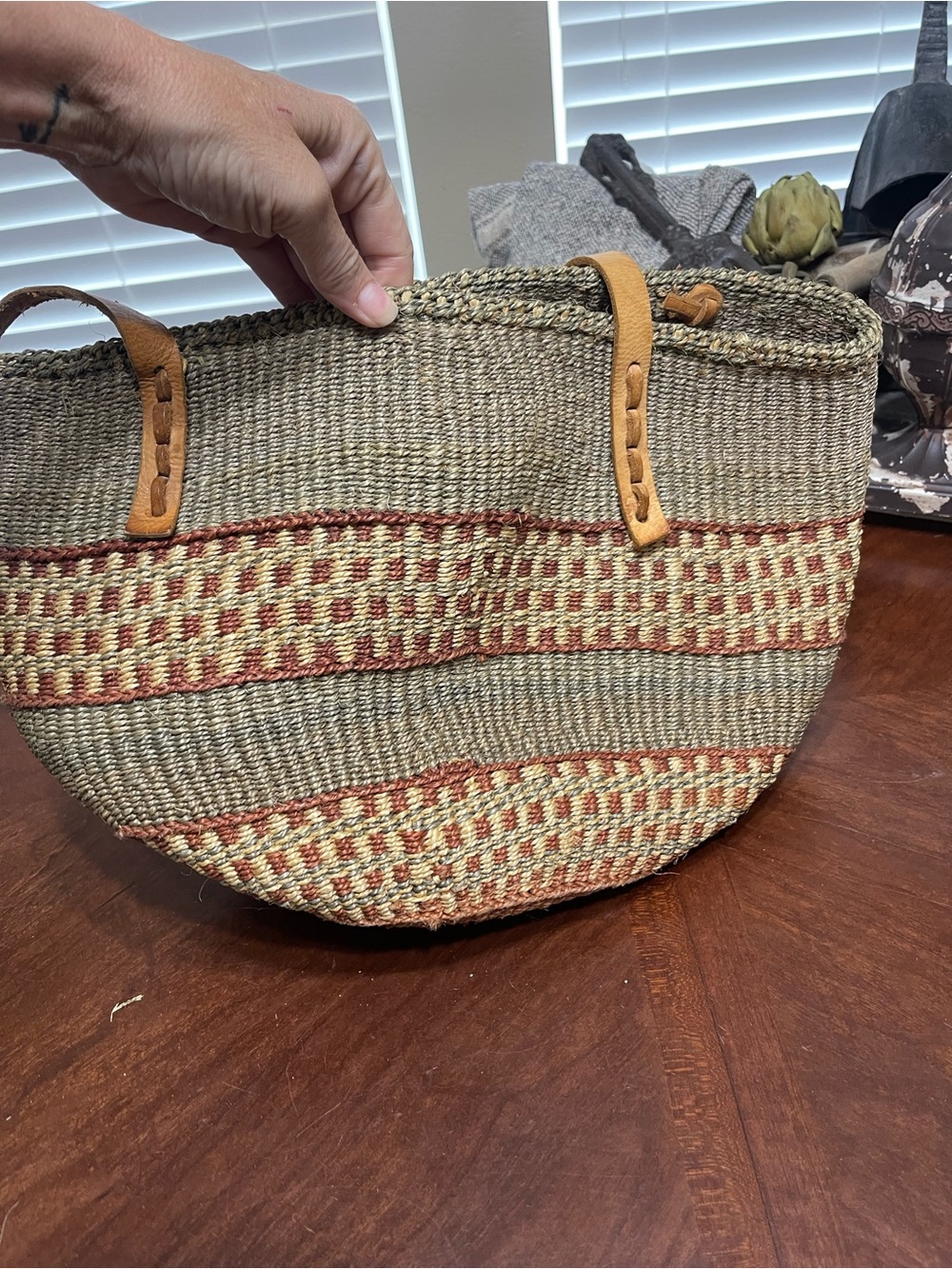 Vintage Sisal Market Bucket Bag Woven Straw Leather Large Purse Boho, Hippie - Picture 8 of 8